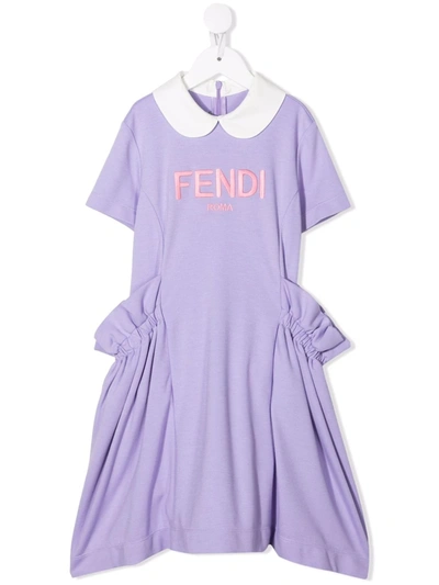 Fendi Kids' Logo印花荷叶边细节连衣裙 In Viola