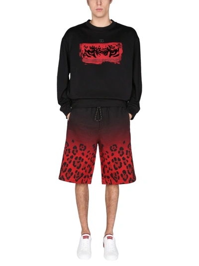 Dolce & Gabbana Red And Black Leopard Print Cotton Bermuda Shorts