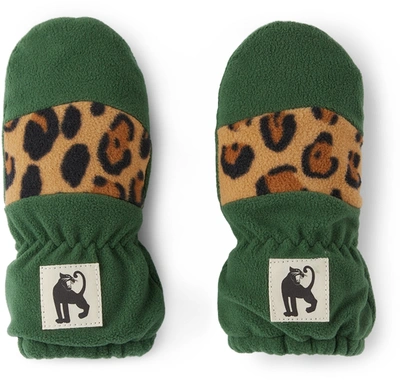 Mini Rodini Babies' Kids Green Stripe Fleece Leopard Gloves