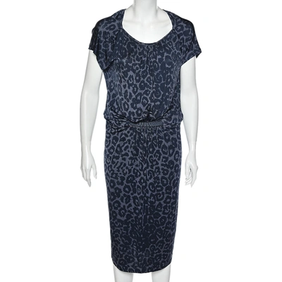 Pre-owned Giorgio Armani Blue Animal Printed Silk Jersey Cut-out Back Detailed Dress L