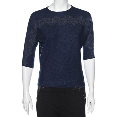 Pre-owned Ch Carolina Herrera Navy Blue Wool & Lace Trim Detailed Jumper S