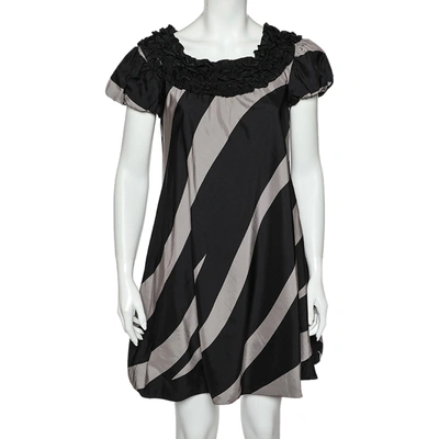 Pre-owned Moschino Cheap And Chic Monochrome Striped Silk Ruffled Neck Detail Mini Dress M In Black
