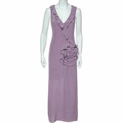Pre-owned Moschino Couture Moschino Cheap & Chic Lilac Silk Chiffon Rose Floral Draped Slit Detail Maxi Dress M In Purple