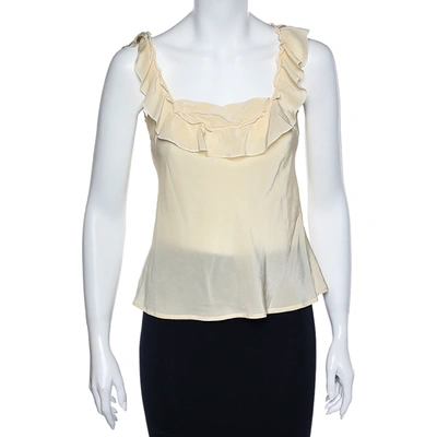 Pre-owned Love Moschino Cream Silk Ruffled Neck Sleeveless Top S