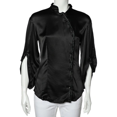 Pre-owned Class By Roberto Cavalli Black Silk Satin Button Front Top M