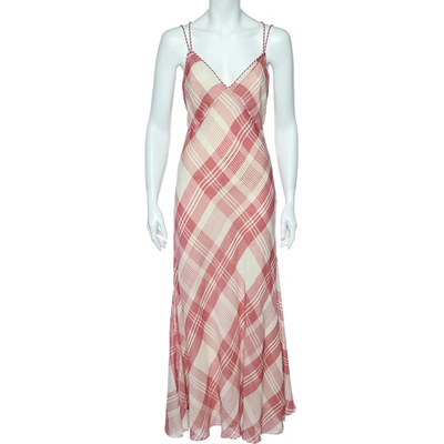 Pre-owned Polo Ralph Lauren Pink Checkered Twill Cross Back Detail Maxi Dress S