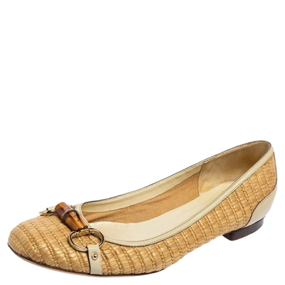 Pre-owned Gucci Cream/white Woven Raffia And Leather Bamboo Horsebit Ballet Flats Size 40