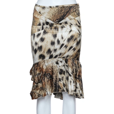 Pre-owned Just Cavalli Brown Animal Printed Satin Ruffled Hem Mini Skirt S