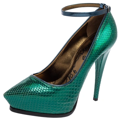 Pre-owned Lanvin Green/blue Snakeskin Leather Pointed-toe Ankle-strap Pumps Size 38