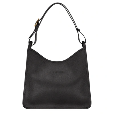 Longchamp Le Foulonné Hobo 中号皮质单肩包 In Black