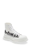 Alexander Mcqueen Men's Tread Slick Graffiti Logo Leather Lace-up Boots In White/off White/black