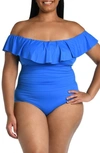 La Blanca Island Goddess Off-the-shoulder Ruffled Tummy-control One-piece Swimsuit Women's Swimsuit In China Blue