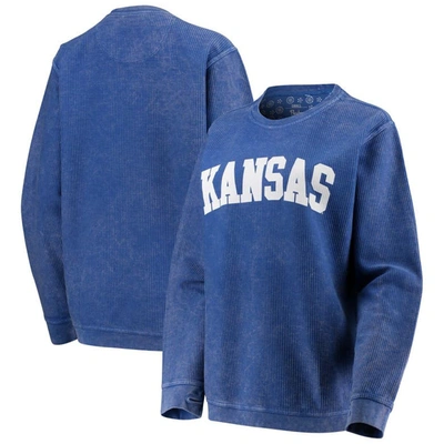 Pressbox Women's Royal Kansas Jayhawks Comfy Cord Vintage-like Wash Basic Arch Pullover Sweatshirt