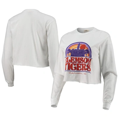 Image One Women's White Clemson Tigers Retro Campus Crop Long Sleeve T-shirt