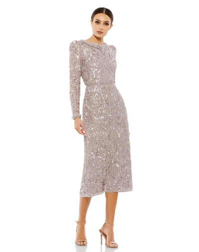 Mac Duggal Embellished High Neck Puff Sleeve Midi Dress In Mauve