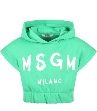 Msgm Kids' Green Girl Sweatshirt With Hood And White Print