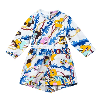 Emilio Pucci Babies' Playsuit With Abstract Print In Bianco-blu