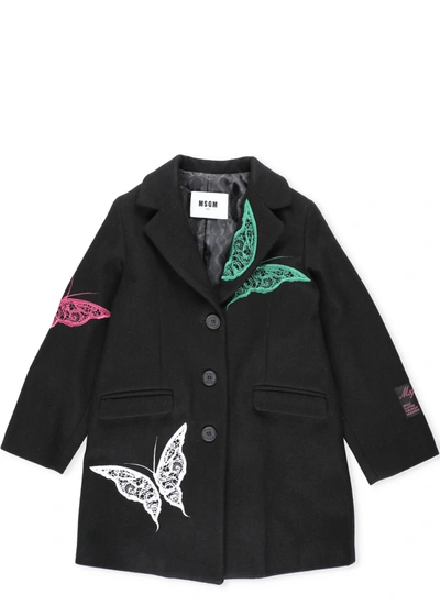 Msgm Kids' Embroidered Coat In Black