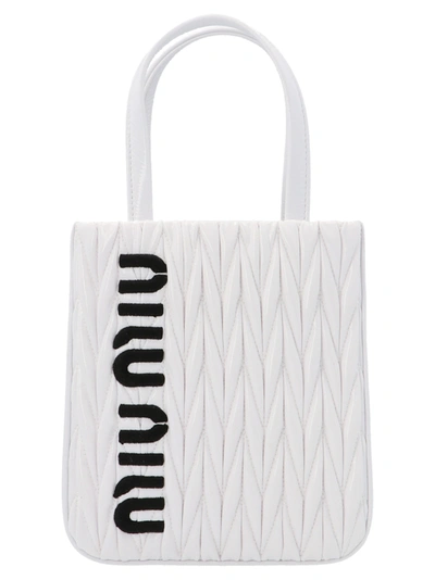 Miu Miu Matelassé Logo Embroidered Tote Bag In White