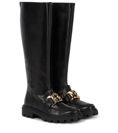 Tod's Black Knee-high Chain Plaque Leather Boots