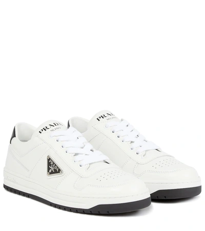 Prada Logo Leather Sneakers In Bianco+nero
