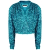 Rotate Birger Christensen Aurelia Cropped Sequined Stretch-jersey Wrap Top In Blue