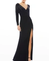 Mac Duggal Crystal-encrusted Long-sleeve Wrap Gown In Midnight
