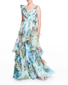 MARCHESA NOTTE TIERED CHIFFON GOWN W/ 3D FLORAL CORSAGE