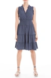 Max Studio Sleeveless Short Smocked Dress In Navy/ White