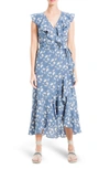 Max Studio Patterned Ruffle Wrap Midi Dress In Blue Med Pop Floral