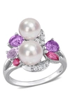 DELMAR STERLING SILVER CULTURED FRESHWATER PEARL & GEMSTONE CLUSTER RING
