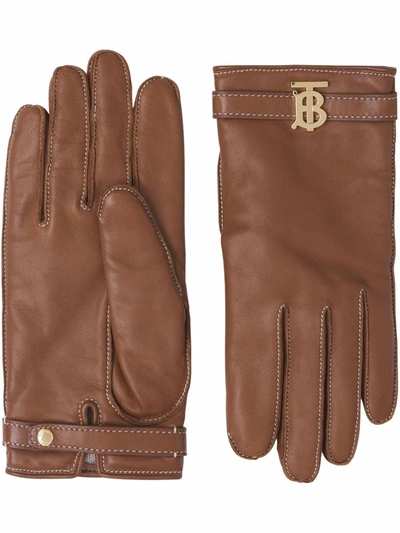 Burberry Monogram-motif Leather Gloves In Tan