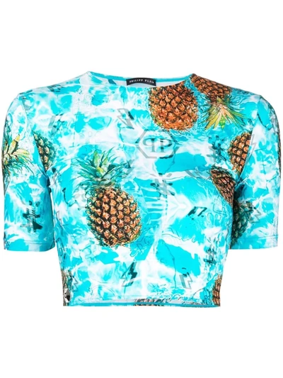 Philipp Plein Pineapple Skies Short-sleeve Cropped T-shirt In Blue