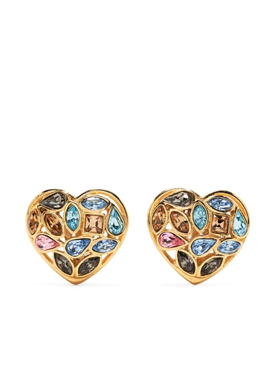 Pre-owned Saint Laurent Crystal-embellished Heart Clip-on Earrings In Gold