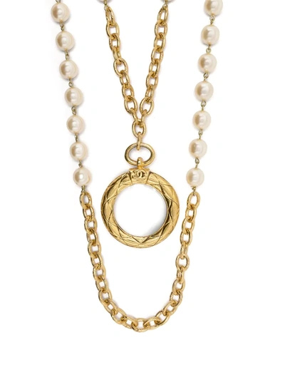 Pre-owned Chanel Pearl-embellished Double-chain Necklace In Gold