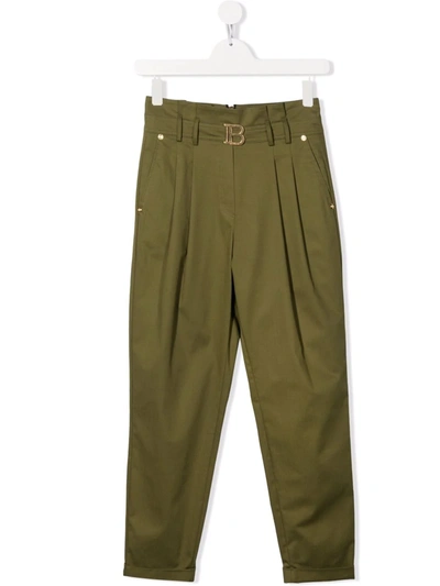Balmain Teen Logo-plaque High-waisted Trousers In Green
