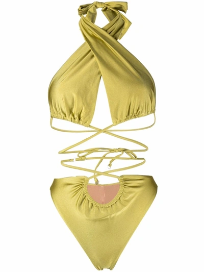 Noire Swimwear Lattice-strap Halterneck Swimsuit In Yellow
