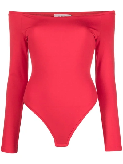 Murmur Off-shoulder Long-sleeve Jersey Bodysuit In Red