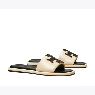 Tory Burch Double T Sport Slide Sandal In New Cream/ Perfect Black/ Gold