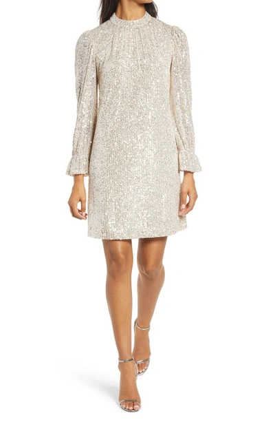 Julia Jordan Sequin Long Sleeve Shift Dress In Ivory Silver