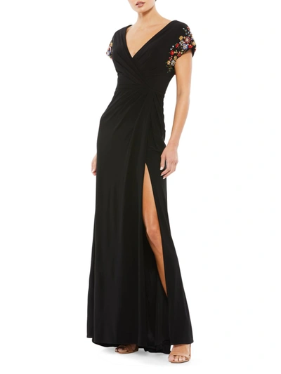 Mac Duggal Embellished Sleeve Jersey Wrap Gown In Black Multi
