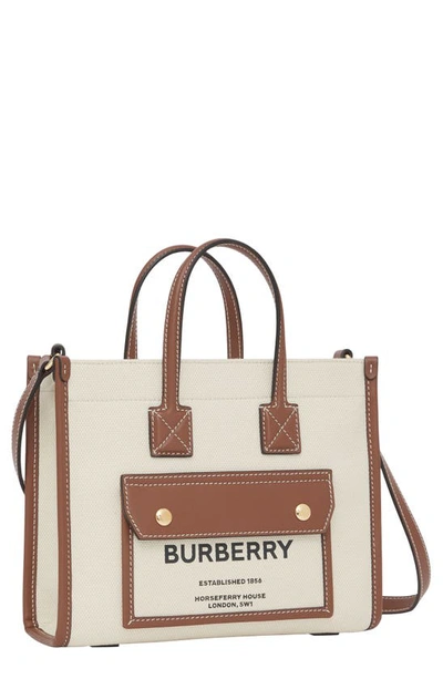 Burberry Mini Freya Tote Bag With Horseferry Print And Leather Accents In Beige