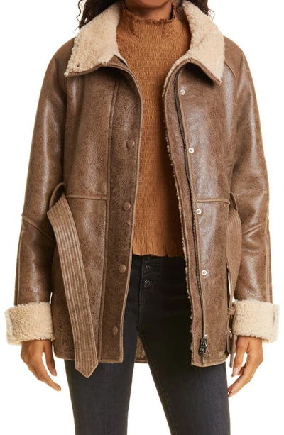 Veronica Beard Bonny Leather Coat With Genuine Shearling Trim In