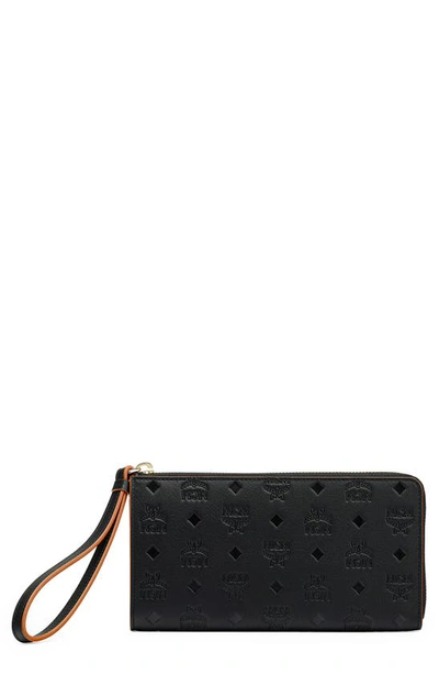 Mcm Klara Monogram Leather Zip Wristlet In Black