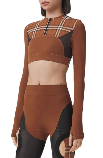 Burberry Everley Check Long Sleeve Stretch Knit Crop Top In Brown