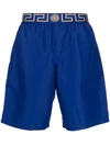 Versace Logo Embroidered Swim Shorts In Blue