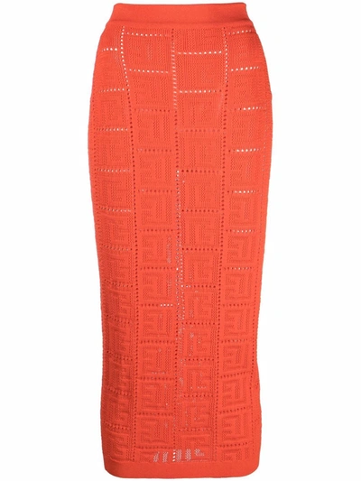 Balmain Mid-length Knit Skirt With Monogram In Arancio