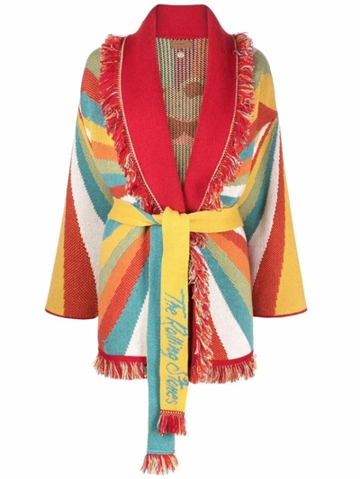 Alanui + The Rolling Stones Psychedelic Lips Belted Fringed Jacquard-knit Cashmere And Wool-blend Cardigan In Red