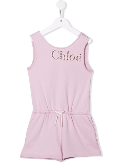 Chloé Kids' Logo Cutout Cotton Playsuit In Pink
