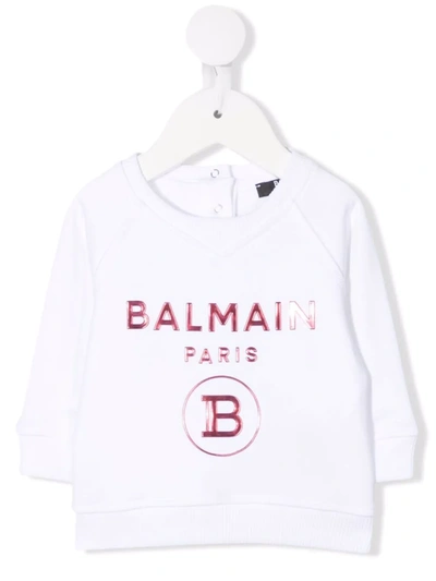 Balmain Babies' Logo-print Crew-neck Sweatshirt In Bianco/fucsia